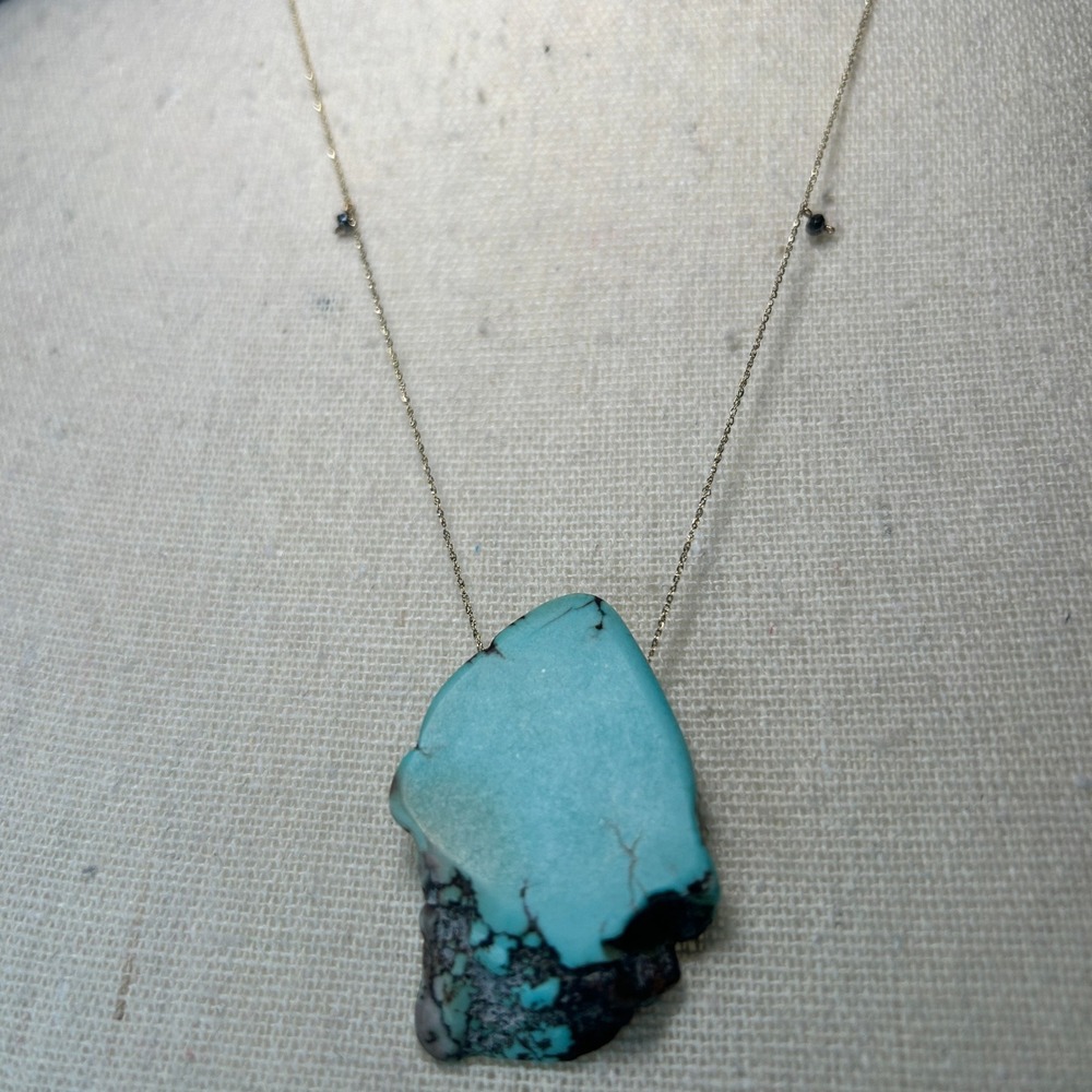 14k Gold Necklace w/‎ Black Diamond Accents & Faux Turquoise Pendant